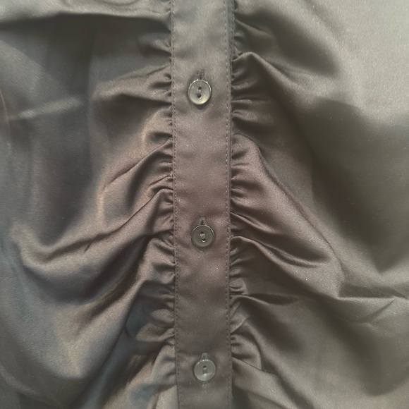 Abercrombie & Fitch Black Ruched Blouse Button Down Silky Collared Sz L - Picture 6 of 10
